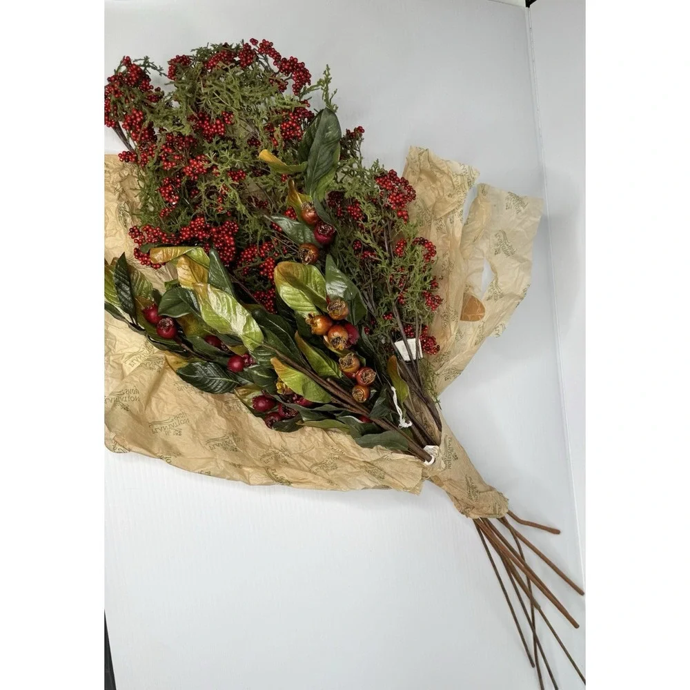 Plantation Shop 40 Inch Red Berry Branch and Leaf Floral Stems Set of 8 NEW
